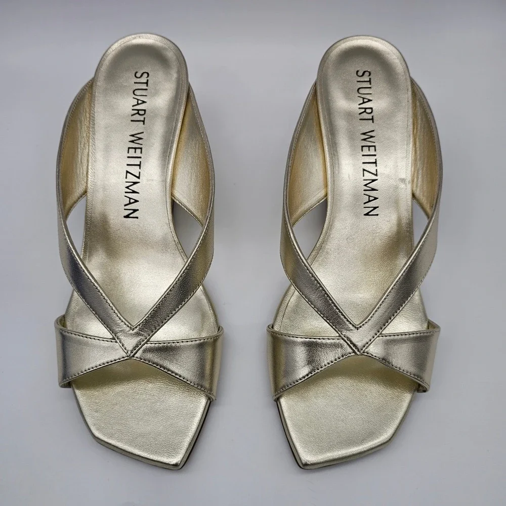 Stuart Weitzman Womens Miami 50 Wedge Slide‎ Metallic Gold Sandal Platino 6B - Picture 2 of 9